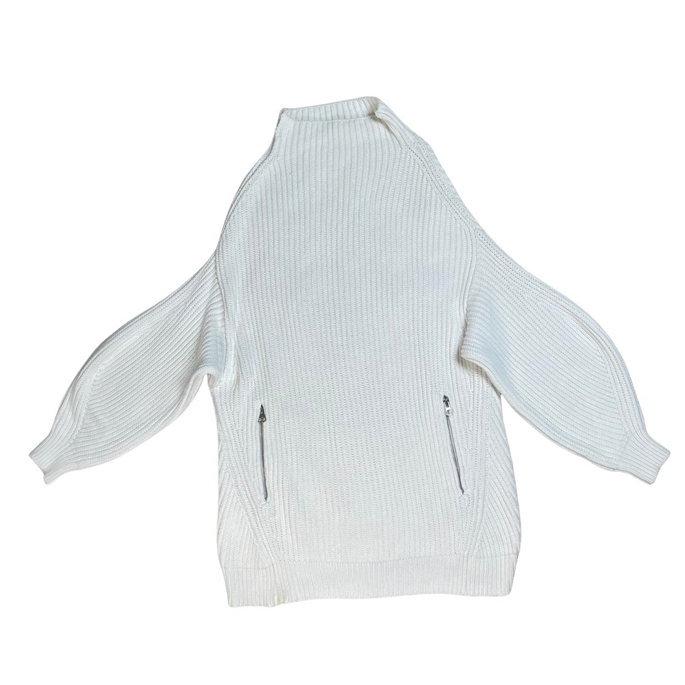 Free People Oversized Chunky White Ribbed Mock Neck Balloon Sleeve Sweater‎